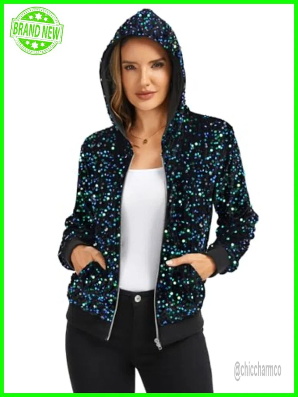 Sequin Bomber Jacket with Hood & Pockets for Concerts Parties